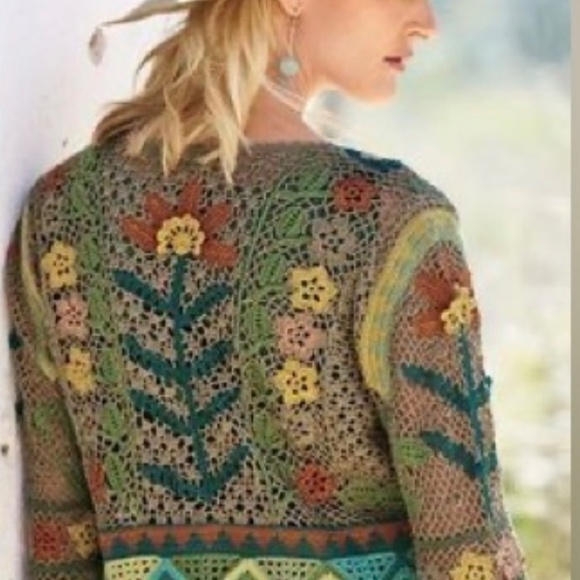 Peruvian Connection hand crocheted art to wear masterpiece floral open cardigan. - Picture 2 of 16